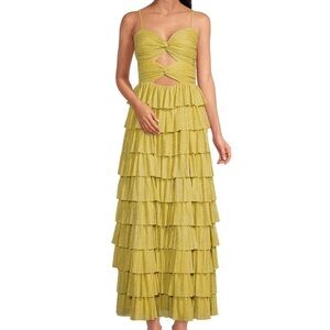 Gianni Bini Grace Metallic Plisse Sweetheart Neck Cut-Out Tiered Dress